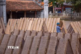 Sân đình làng Thổ Hà cổ kính trở thành không gian phơi bánh đa nem lý tưởng, hòa quyện giữa nhịp sống lao động và giá trị di sản. (Ảnh: Hà Anh/TTXVN phát)