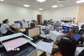 Lượng hồ sơ khủng mà cán bộ Văn phòng đăng ký đất đai phải scan, sắp xếp phục vụ công tác làm sạch dữ liệu đất đai. (Ảnh: Thanh Vân/TTXVN)