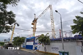 Cần cẩu tháp cao khoảng 30 mét bị gãy trục ngang, đổ xuống công trình. (Ảnh: Quốc Dũng/TTXVN)