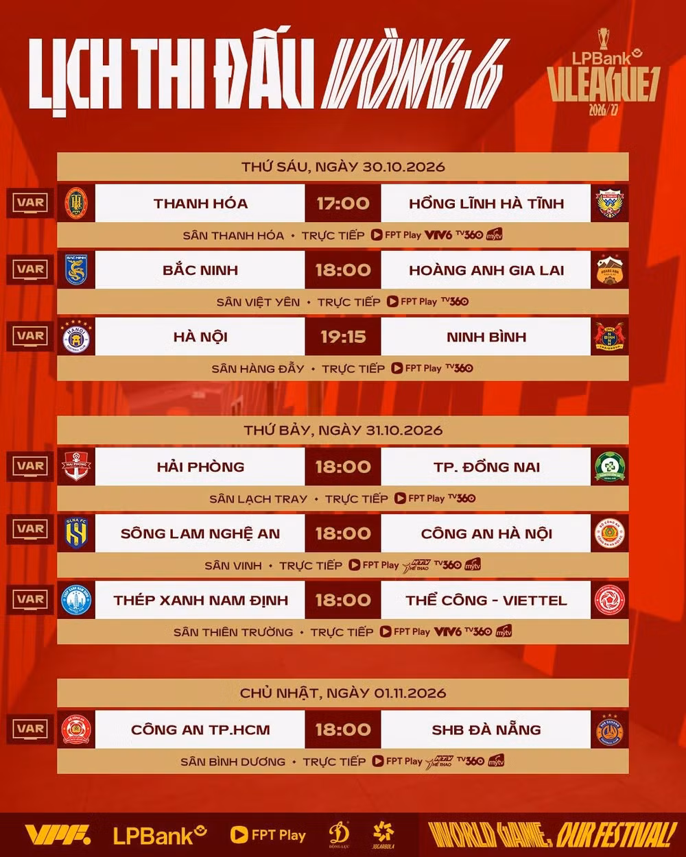 Lịch thi đấu vòng 6 V-League 2026/27. (Ảnh: VPF)