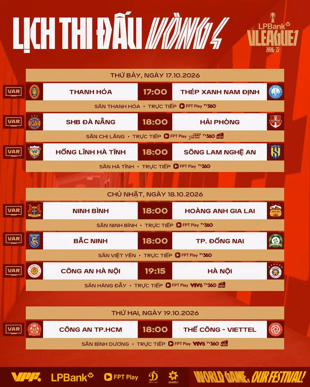 Lịch thi đấu vòng 4 V-League 2026/27. (Ảnh: VPF)