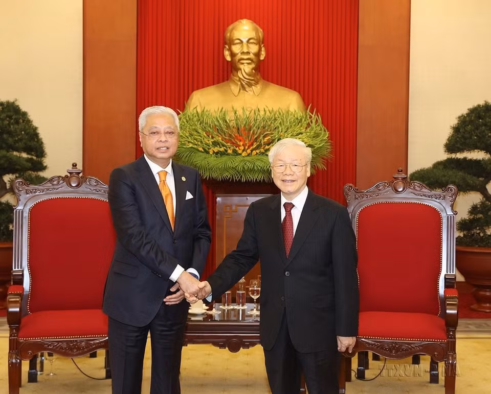 Tổng Bí thư Nguyễn Phú Trọng tiếp Thủ tướng Malaysia Dato Sri Ismail Sabri bin Yaakob thăm chính thức Việt Nam, ngày 21/3/2022. (Ảnh: Trí Dũng/TTXVN)
