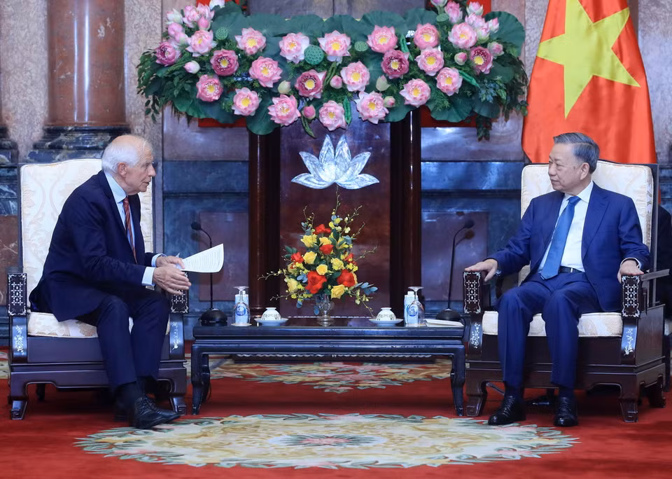 Chủ tịch nước Tô Lâm tiếp Phó Chủ tịch Ủy ban châu Âu (EC), Đại diện cấp cao Liên minh châu Âu (EU) về Chính sách đối ngoại và An ninh Josep Borrell Fontelles. (Ảnh: Lâm Khánh/TTXVN)