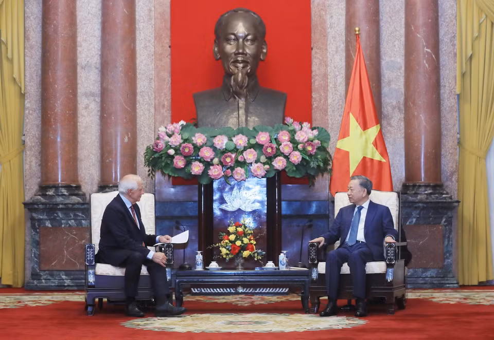 Chủ tịch nước Tô Lâm tiếp Phó Chủ tịch Ủy ban Châu Âu (EC), Đại diện cấp cao Liên minh Châu Âu (EU) về Chính sách đối ngoại và An ninh Josep Borrell Fontelles. (Ảnh: Lâm Khánh/TTXVN)