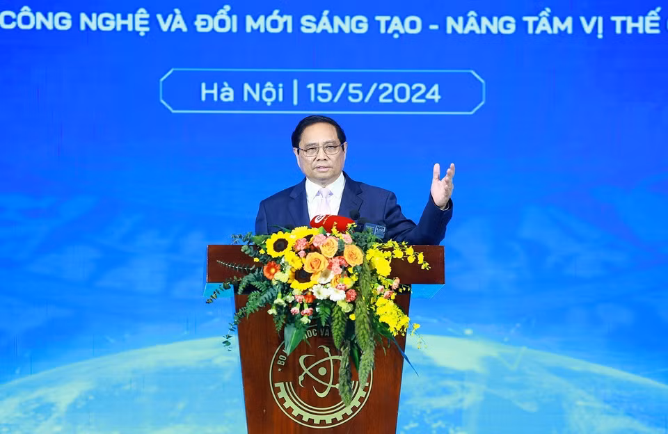 Thủ tướng Phạm Minh Chính phát biểu tại Lễ chào mừng Ngày Khoa học và Công nghệ Việt Nam. (Ảnh: Dương Giang/TTXVN )
