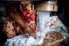 Công đoạn ép bột thành sợi và xếp thành bánh hỏi trên khay. (Ảnh: Khánh Hòa/TTXVN)