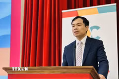 PGS.TS Nguyễn Mạnh Hùng, Phó Giám đốc Học viện Chính trị quốc gia Hồ Chí Minh, Phó Chủ tịch Hội đồng Lý luận Trung ương, phát biểu khai mạc hội thảo. (Ảnh: Việt Đức/TTXVN)
