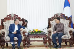 Chủ tịch Tập đoàn Hóa chất Việt Nam Phùng Quang Hiệp (trái) báo cáo Phó Thủ tướng Chính phủ Lào Saleumxay Kommasith về tiến độ Dự án. (Ảnh: Xuân Tú/TTXVN)