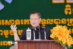 Thủ tướng Campuchia Hun Manet phát biểu tại một sự kiện ở Sihanoukville. (Ảnh: THX/TTXVN)