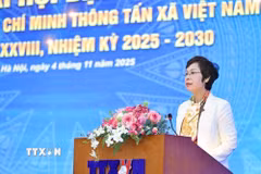 Bí thư Đảng ủy, Tổng Giám đốc TTXVN Vũ Việt Trang phát biểu chỉ đạo tại Đại hội. (Ảnh: Minh Đức/TTXVN)