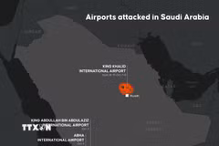 Đồ họa thông tin về các sân bay tại Saudi Arabia bị tấn công, được thực hiện tại Ankara, Thổ Nhĩ Kỳ ngày 9/10/2026. (Ảnh: AA/TTXVN phát)
