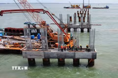 Binh đoàn 12 đã huy động hơn 1.000 kỹ sư, công nhân, 220 thiết bị máy móc phục vụ thi công Dự án Đường giao thông ra đảo Hòn Khoai. (Ảnh: Tuấn Phi/TTXVN)