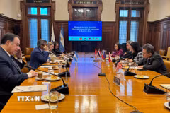 Đại sứ các nước ASEAN tại Buenos Aires làm việc với Liên đoàn Công nghiệp Argentina (UIA). (Ảnh: Diệu Hương/TTXVN)