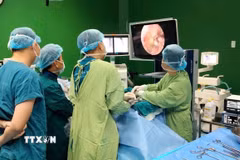 Các bác sỹ bệnh viện Đà Nẵng thực hiện phẫu thuật cho bệnh nhân bằng phương pháp nội soi cột sống hai cổng. (Ảnh: TTXVN phát)