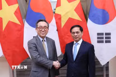 Phó Thủ tướng, Bộ trưởng Bộ Ngoại giao Bùi Thanh Sơn đón Bộ trưởng Ngoại giao Hàn Quốc Cho Tae Yul. (Ảnh: An Đăng/TTXVN)
