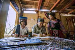 Du khách Pháp trải nghiệm vẽ sáp ong trên vải thổ cẩm người Mông tại Homestay Y Múa xã Pà Cò. (Ảnh: Trọng Đạt/TTXVN)