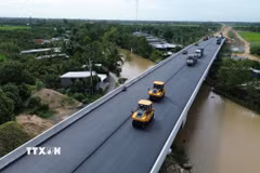 Các nhà thầu huy động tối đa nhân lực, thiết bị thi công cao tốc Cao Lãnh-An Hữu. (Ảnh: Công Trí/TTXVN)