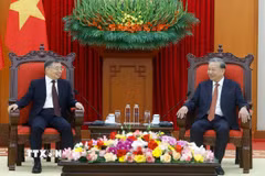 Tổng Bí thư Tô Lâm tiếp đồng chí Lý Thư Lỗi, Ủy viên Bộ Chính trị, Bí thư Ban Bí thư, Trưởng Ban Tuyên truyền Trung ương, Đảng Cộng sản Trung Quốc. (Ảnh: Thống Nhất/TTXVN)