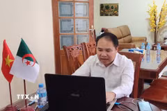 Ông Hoàng Đức Nhuận, Tham tán Thương mại Việt Nam tại Algeria, phát biểu tại Phiên tư vấn trực tuyến. (Ảnh: Mạnh Hùng/TTXVN)
