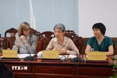 Bà Lê Kim Dung, Giám đốc quốc gia Tổ chức CARE thông tin các nội dung của Dự án C4G. (Ảnh: Thanh Liêm/TTXVN)