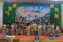 Các cựu chiến binh TTXVN tặng quà cho học sinh Trường mầm non Hưng Khánh Trung. (Ảnh: Huỳnh Phúc Hậu/TTXVN)