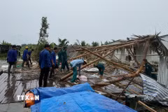 Đoàn thanh niên cùng lực lượng chức năng xã Đá Bạc giúp người dân khắc phục hậu quả dông lốc. (Ảnh: Tuấn Phi/TTXVN)