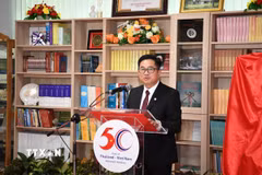 Tổng Lãnh sự Việt Nam tại Khon Kaen Đinh Hoàng Linh phát biểu tại lễ Khánh thành Thư viện Việt Nam. (Ảnh: Phạm Hải/TTXVN)