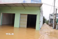 Nước trên sông Vĩnh Điện (một nhánh của sông Thu Bồn) dâng cao ngập vào nhà dân, phường An Thắng. (Ảnh: Anh Dũng/TTXVN)