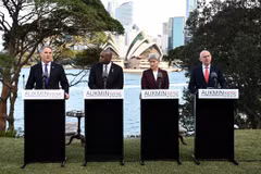 (Từ trái sang): Bộ trưởng Quốc phòng Australia Richard Marles, Bộ trưởng Ngoại giao Anh David Lammy, Bộ trưởng Ngoại giao Australia Penny Wong và Bộ trưởng Quốc phòng Anh John Healey tại một cuộc họp báo ở Sydney ngày 25/7. (Ảnh: Reuters)