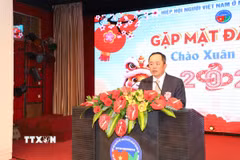 Lãnh sự Nguyễn Tuấn Anh phát biểu tại buổi gặp mặt. (Ảnh: Xuân Vịnh/TTXVN)