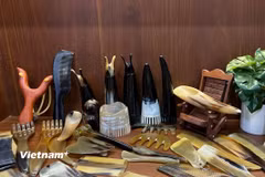 Các sản phẩm thủ công mỹ nghệ được làm từ sừng như lược, đồ trang trí, dụng cụ massage, guasha được tạo tác bởi người thợ làng Thụy Ứng. (Ảnh: Phương Thảo/Vietnam+)