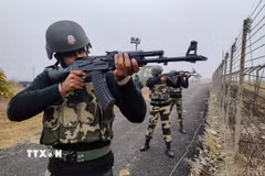 Lực lượng an ninh Ấn Độ tuần tra dọc đường Ranh giới Kiểm soát (LoC) phân chia khu vực Kashmir giữa Ấn Độ và Pakistan. (Ảnh: ANI/TTXVN)