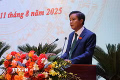 Bí thư Đảng ủy phường Sa Pa Phan Đăng Toàn phát biểu tại Đại hội. (Ảnh: Tuấn Khôi/TTXVN)