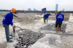 Công ty cổ phần Phương Bắc dùng máy khoan phá dỡ bêtông tòa nhà 8B Lê Trực. (Ảnh: Minh Nghĩa/TTXVN)