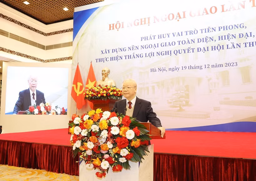 Tổng Bí thư Nguyễn Phú Trọng phát biểu chỉ đạo tại Hội nghị Ngoại giao lần thứ 32. (Ảnh: Trí Dũng/TTXVN)