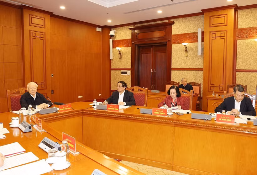 Tổng Bí thư Nguyễn Phú Trọng chủ trì phiên họp đầu tiên Tiểu ban Nhân sự Đại hội XIV của Đảng ngày 13/3/2024. (Ảnh: Trí Dũng/TTXVN)
