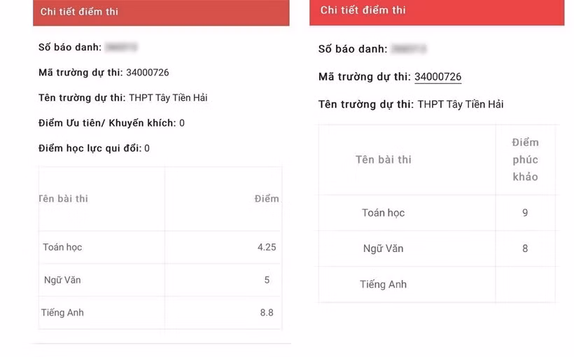 Điểm số của một thí sinh trước (bên trái) và sau (bên phải) khi phúc khảo. (Ảnh: TTXVN phát)