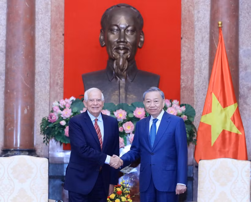 Chủ tịch nước Tô Lâm tiếp Phó Chủ tịch Ủy ban châu Âu (EC), Đại diện cấp cao Liên minh châu Âu (EU) về Chính sách đối ngoại và An ninh Josep Borrell Fontelles. (Ảnh: Lâm Khánh/TTXVN)