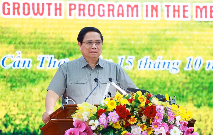 Thủ tướng Phạm Minh Chính chủ trì Hội nghị triển khai đề án phát triển bền vững một triệu hécta lúa vùng Đồng bằng sông Cửu Long. (Ảnh: Dương Giang/TTXVN)