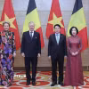 Chủ tịch nước Lương Cường và Phu nhân đón Nhà vua Vương quốc Bỉ Philippe và Hoàng hậu dự tiệc chiêu đãi. (Ảnh: Lâm Khánh/TTXVN)