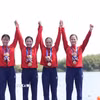 Bộ tứ Dư Thị Bông, Lê Thị Hiền, Phạm Thị Ngọc Anh và Hà Thị Vui giành huy chương Đồng thuyền bốn nữ một mái chèo môn rowing. (Ảnh: TTXVN phát)