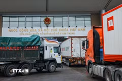 Xe chở hàng xuất khẩu làm thủ tục thông quan tại Cửa khẩu quốc tế đường bộ số II Kim Thành. (Ảnh: Hoàng Hiếu/TTXVN)