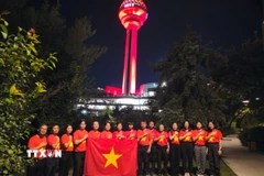 Đại sứ quán và đại diện cộng đồng người Việt tại Thổ Nhĩ Kỳ thực hiện nghi lễ chào cờ. (Ảnh: TTXVN phát)