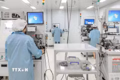 Hoạt động sản xuất với dây chuyền công nghệ tại nhà máy Điện Quang Công Nghệ Cao tại Khu Công Nghệ Cao Thành phố Hồ Chí Minh. (Ảnh: Thanh Vũ/TTXVN)