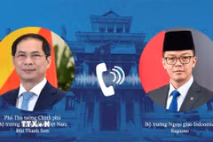 Phó Thủ tướng, Bộ trưởng Ngoại giao Bùi Thanh Sơn điện đàm với Bộ trưởng Ngoại giao Indonesia Sugion. (Ảnh: TTXVN phát)