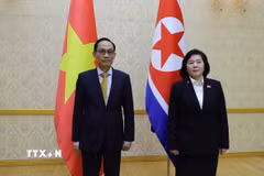 Bộ trưởng Ngoại giao Lê Hoài Trung và Bộ trưởng Ngoại giao Triều Tiên Choe Son Hui. (Ảnh: Đỗ Sinh/TTXVN)