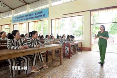 Cán bộ trại giam số 6 (Nghệ An) phổ biến, tư vấn về chính sách nhân đạo, khoan hồng của Đảng, Nhà nước đối với người phạm tội bị kết án phạt tù. (Ảnh: Phạm Kiên/TTXVN)
