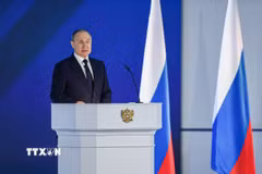 Tổng thống Nga Vladimir Putin phát biểu tại thủ đô Moskva. (Ảnh: THX/TTXVN)