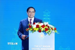 Thủ tướng Phạm Minh Chính phát biểu tại Lễ khai mạc Hội nghị Bộ trưởng Số ASEAN (ADGMIN) lần thứ 6. (Ảnh: Dương Giang/TTXVN)