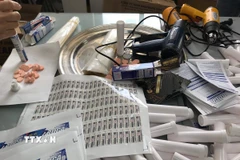 Tang vật một vụ sản xuất, buôn bán thực phẩm bảo vệ sức khỏe giả. (Ảnh: TTXVN phát)